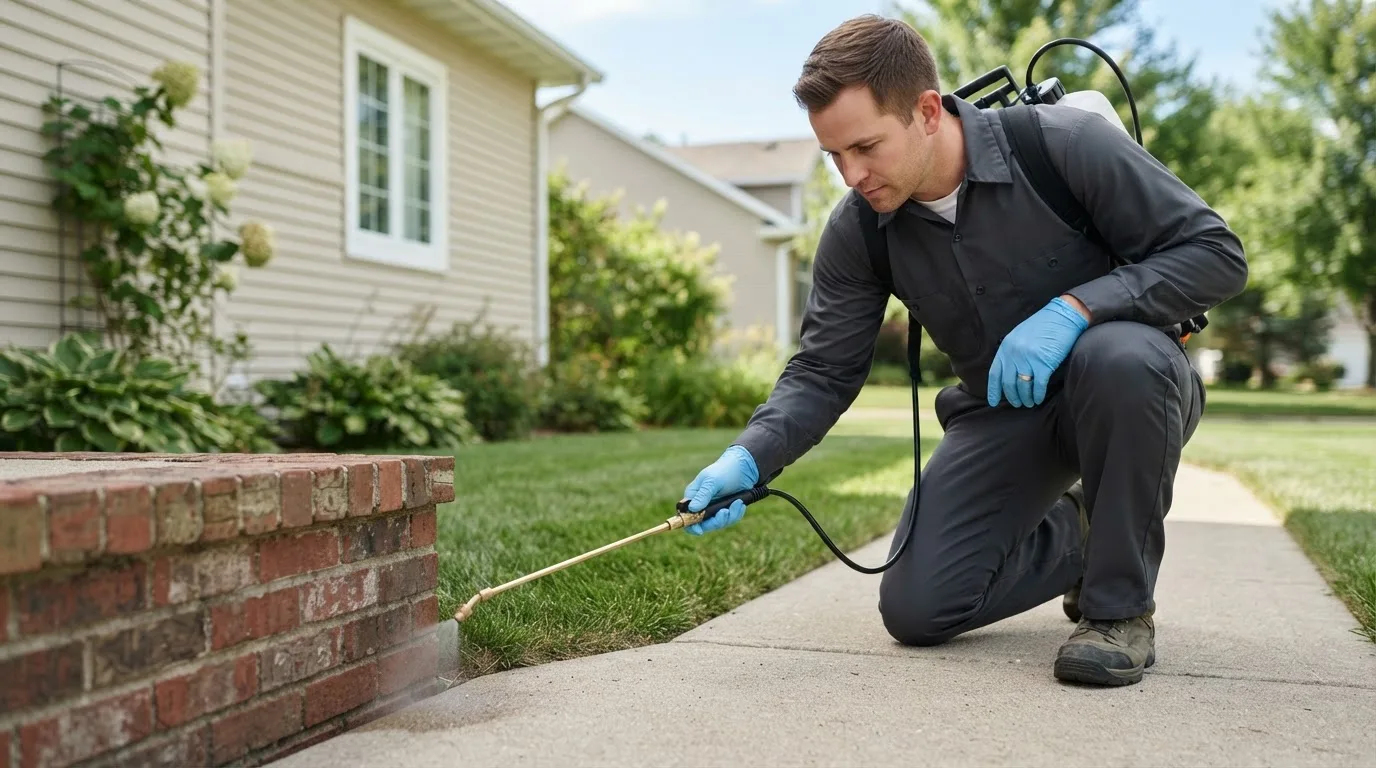 Pest control technician treating a home near Essex, VT